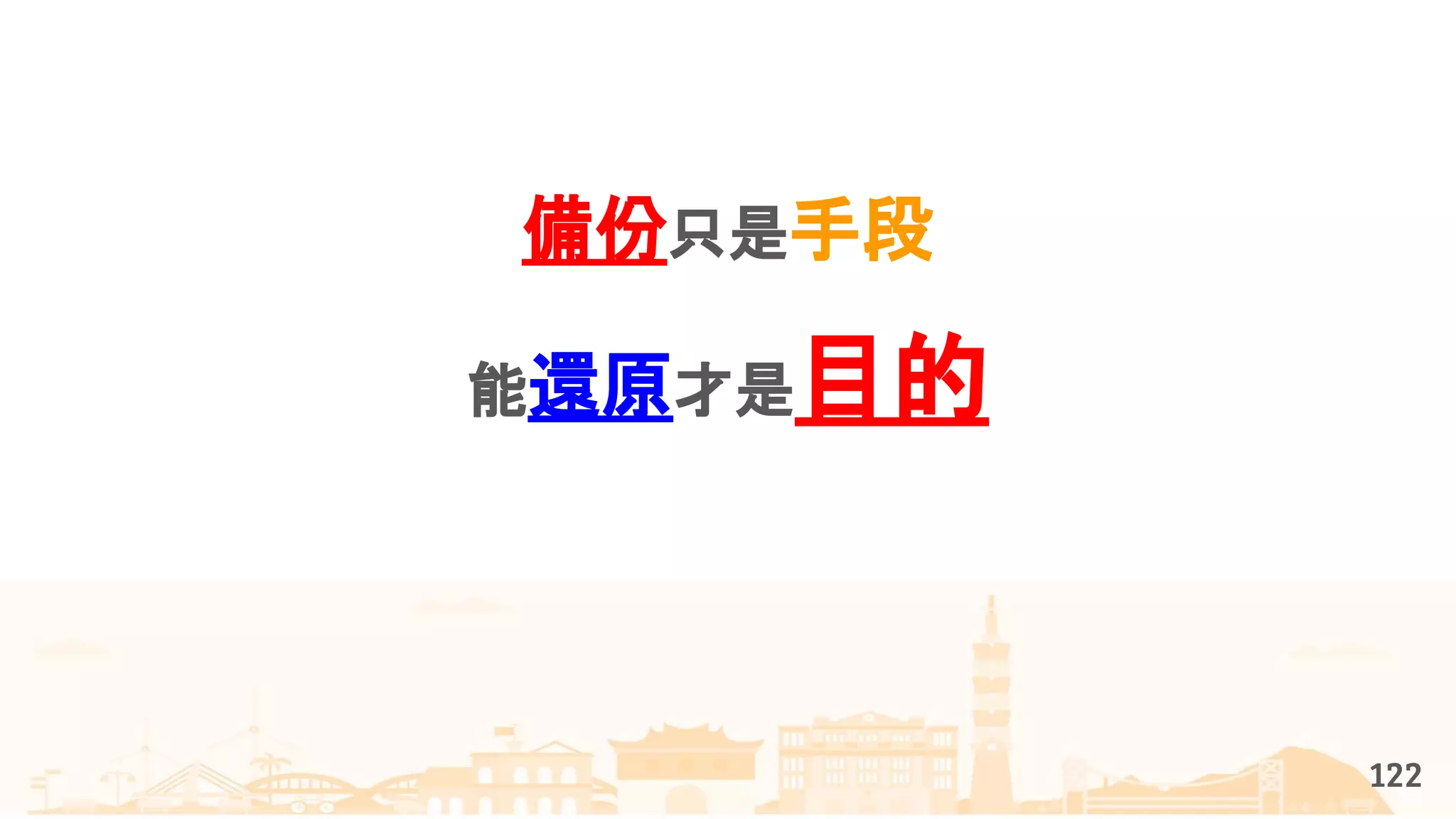 備份只是手段
能還原才是目的
122
 