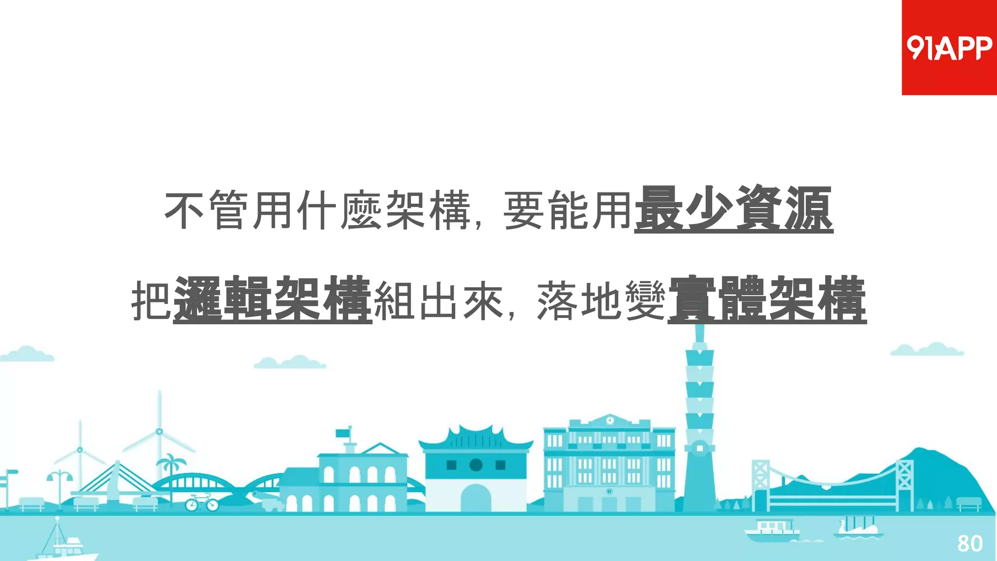 80
不管用什麼架構，要能用最少資源
把邏輯架構組出來，落地變實體架構
 