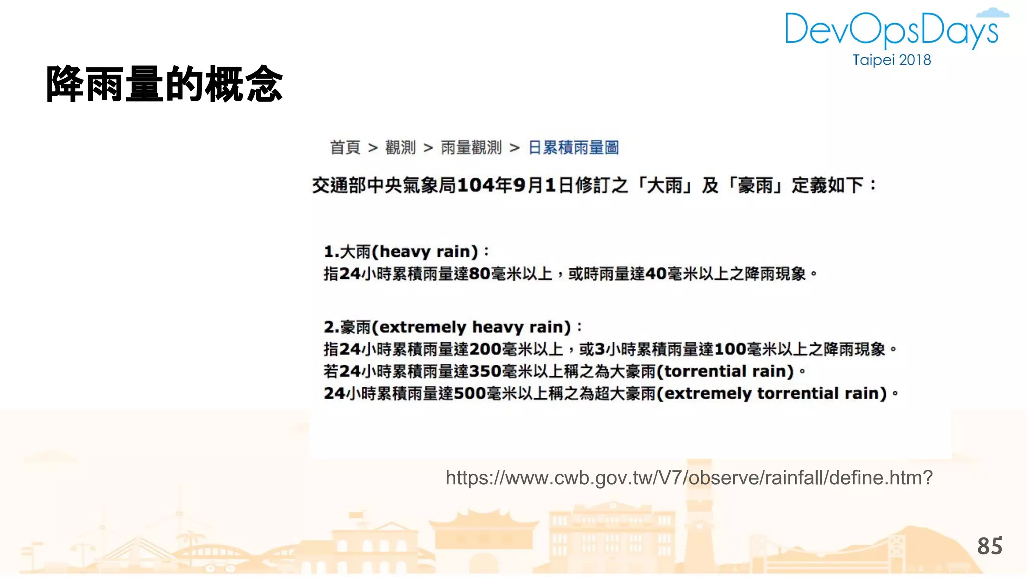 降雨量的概念
85
https://www.cwb.gov.tw/V7/observe/rainfall/define.htm?
 
