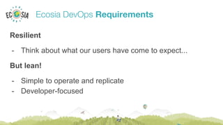 Ecosia DevOps Requirements
Resilient
- Think about what our users have come to expect...
But lean!
- Simple to operate and replicate
- Developer-focused
 