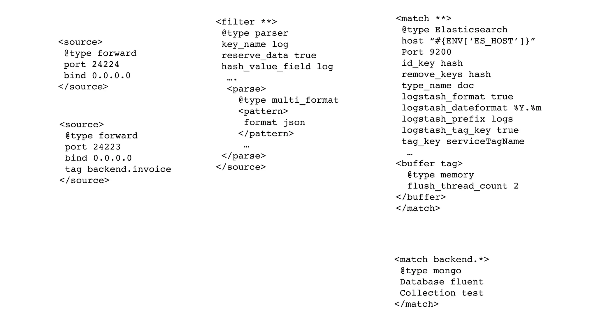 <source> @type forward port 24223 bind 0.0.0.0 tag backend.invoice </source> <filter **> @type parser key_name log reserve_data true hash_value_field log …. <parse> @type multi_format <pattern> format json </pattern> … </parse> </source> <match **> @type Elasticsearch host “#{ENV[‘ES_HOST’]}” Port 9200 id_key hash remove_keys hash type_name doc logstash_format true logstash_dateformat %Y.%m logstash_prefix logs logstash_tag_key true tag_key serviceTagName … <buffer tag> @type memory flush_thread_count 2 </buffer> </match> <source> @type forward port 24224 bind 0.0.0.0 </source> <match backend.*> @type mongo Database fluent Collection test </match> 