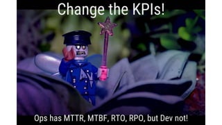 Change the KPIs!
Ops has MTTR, MTBF, RTO, RPO, but Dev not!
 
