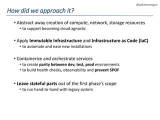 DEVOPS Zirvesi 2017
@gokhansengun
• Abstract away creation of compute, network, storage resources
• to support becoming cloud agnostic
• Apply Immutable Infrastructure and Infrastructure as Code (IaC)
• to automate and ease new installations
• Containerize and orchestrate services
• to create parity between dev, test, prod environments
• to build health checks, observability and prevent SPOF
• Leave stateful parts out of the first phase’s scope
• to run hand-to-hand with legacy system
How did we approach it?
 