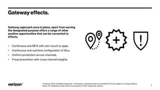 Verizonconfidentialandproprietary. Unauthorizeddisclosure, reproductionorotheruseprohibited. 7
Gateway approach once in place, apart from serving
the designated purpose offers a range of other
positive opportunities that can be converted to
effects.
• Continuous and MFA with zero touch to apps.
• Continuous and real time configuration of IALs.
• Uniform protection across channels.
• Fraud prevention with cross channel insights.
Gateway effects.
© Verizon 2019, All Rights Reserved. Information contained herein is provided AS IS and subject to change without
notice. All trademarks used herein are property of their respective owners.
 