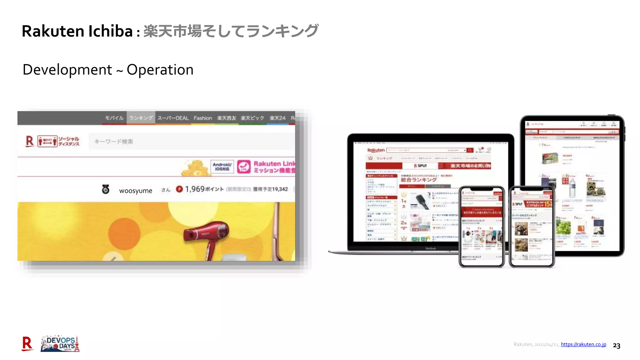 23
Rakuten Ichiba : 楽天市場そしてランキング
Development ~ Operation
Rakuten, 2021/04/11, https://rakuten.co.jp
woosyume
 
