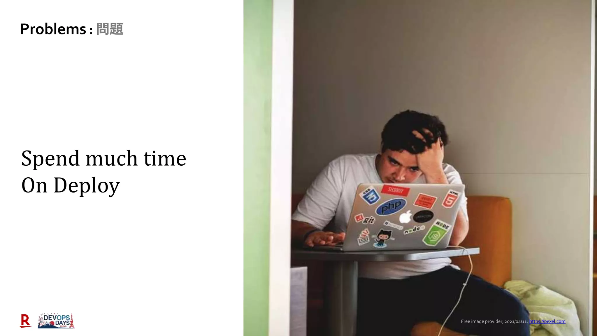 26
Problems : 問題
Spend much time
On Deploy
Free image provider, 2021/04/11, https://pexel.com
 