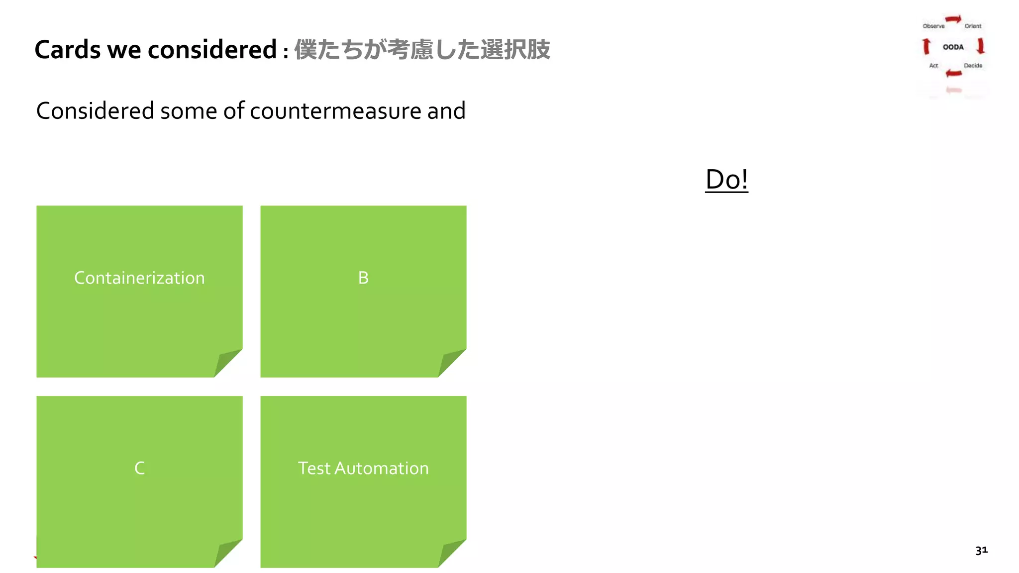 31
Cards we considered : 僕たちが考慮した選択肢
Considered some of countermeasure and
Containerization B
C Test Automation
Do!
 