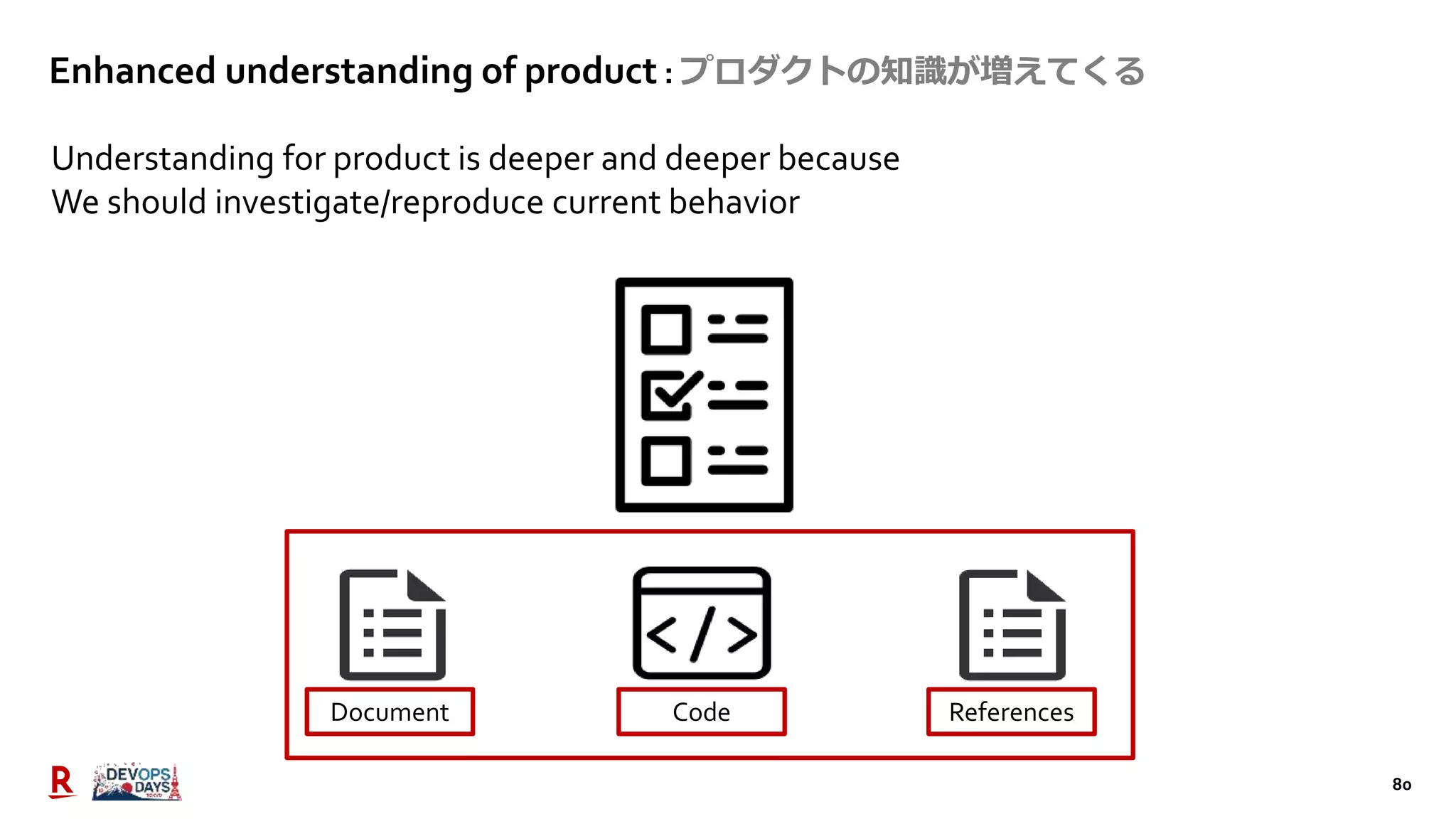 80
Document Code References
Understanding for product is deeper and deeper because
We should investigate/reproduce current behavior
Enhanced understanding of product : プロダクトの知識が増えてくる
 