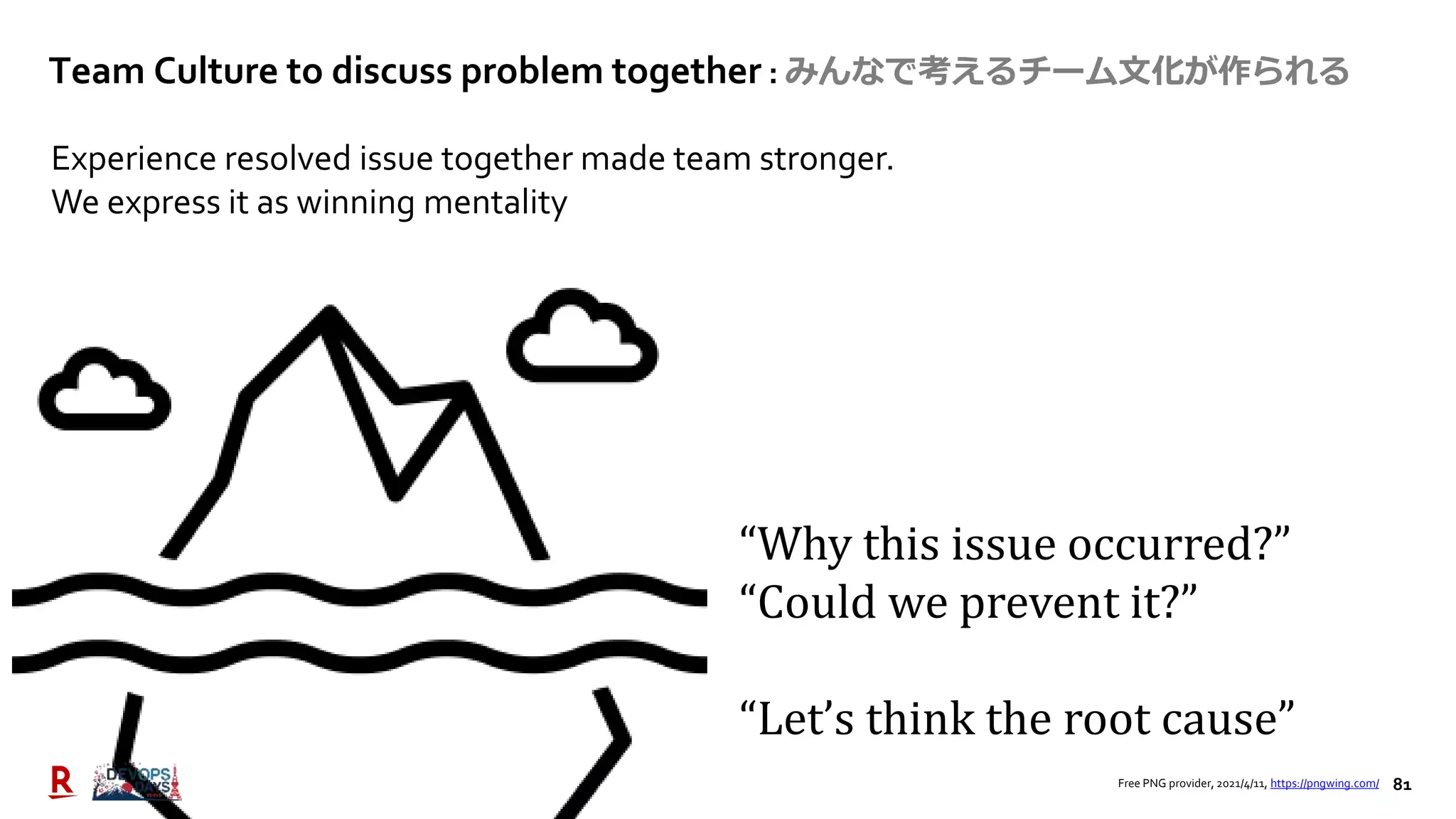 81
“Why this issue occurred?”
“Could we prevent it?”
“Let’s think the root cause”
Experience resolved issue together made team stronger.
We express it as winning mentality
Team Culture to discuss problem together : みんなで考えるチーム文化が作られる
Free PNG provider, 2021/4/11, https://pngwing.com/
 