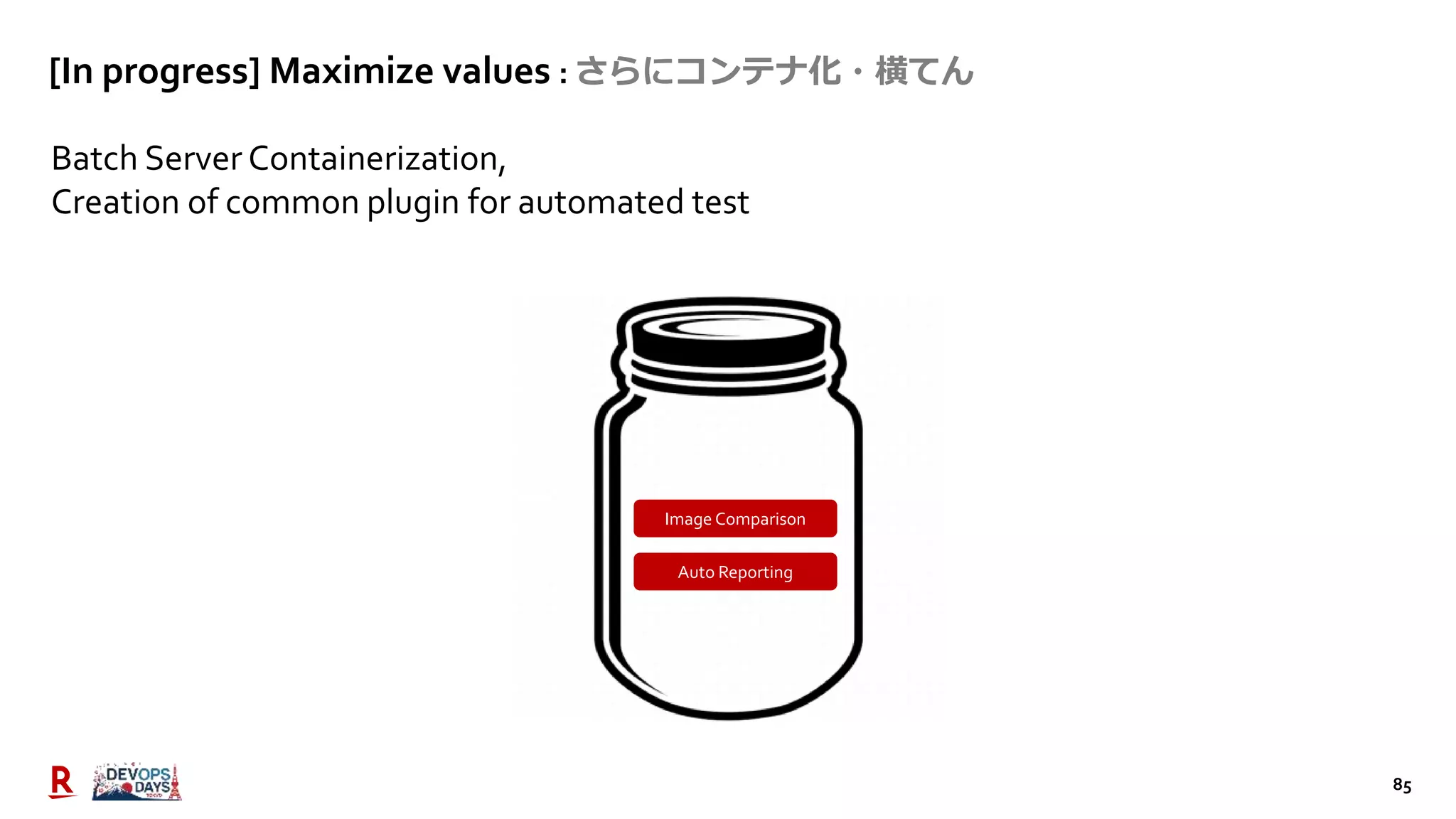 85
[In progress] Maximize values : さらにコンテナ化・横てん
Batch Server Containerization,
Creation of common plugin for automated test
Image Comparison
Auto Reporting
 