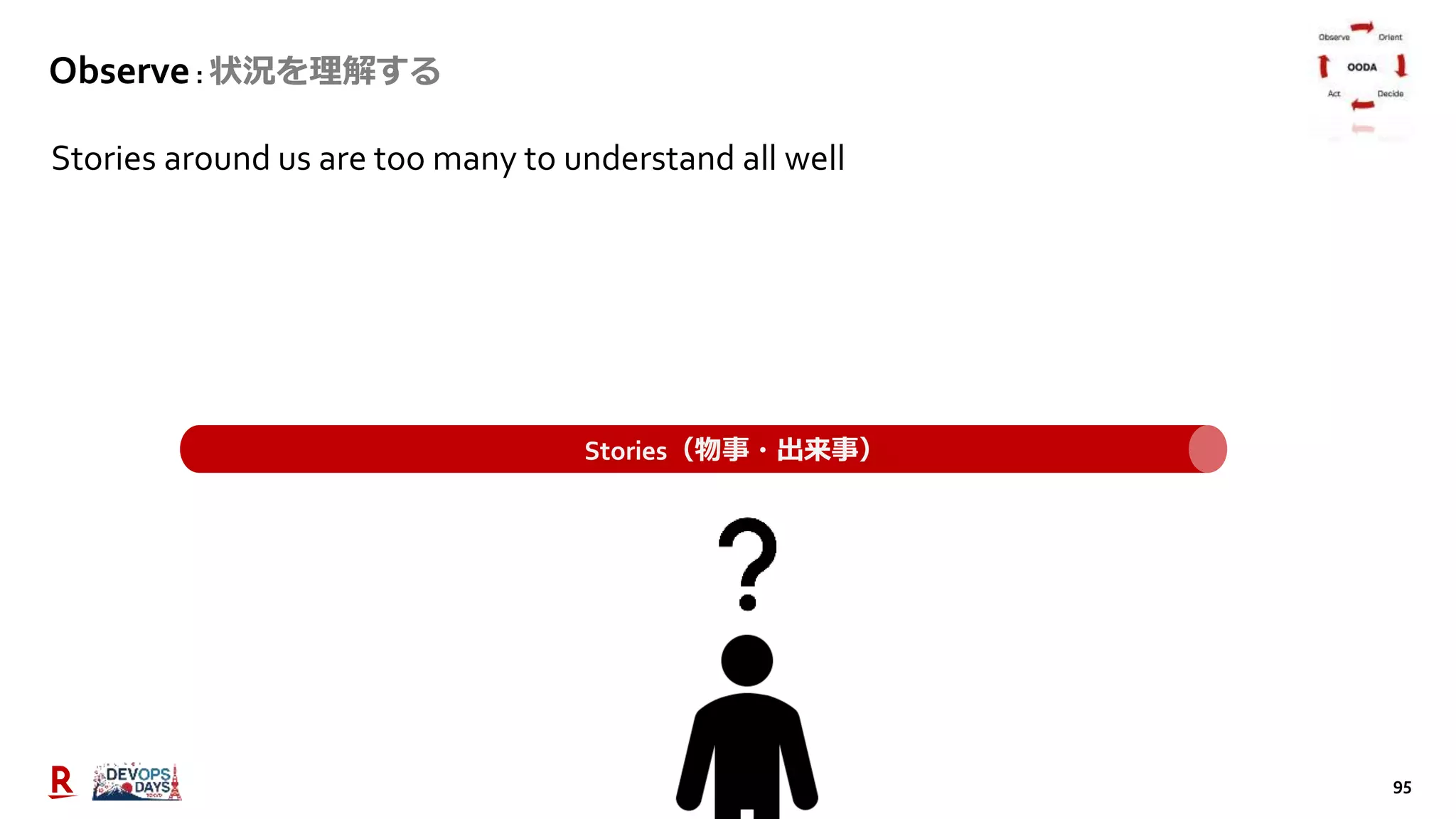 95
Stories around us are too many to understand all well
Stories（物事・出来事）
Observe: 状況を理解する
 
