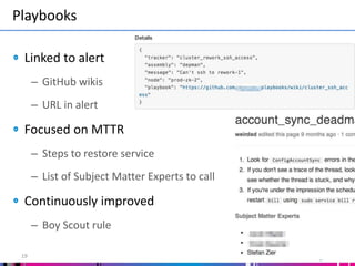 Playbooks
19
Linked to alert
– GitHub wikis
– URL in alert
Focused on MTTR
– Steps to restore service
– List of Subject Matter Experts to call
Continuously improved
– Boy Scout rule
 