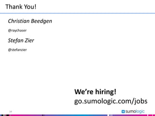 Thank You!
34
Christian Beedgen
@raychaser
Stefan Zier
@stefanzier
We’re hiring!
go.sumologic.com/jobs
 