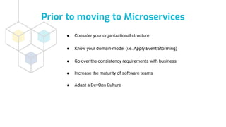 Prior to moving to Microservices
● Consider your organizational structure
● Know your domain-model (i.e. Apply Event Storming)
● Go over the consistency requirements with business
● Increase the maturity of software teams
● Adapt a DevOps Culture
 