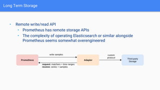Long Term Storage
• Remote write/read API
• Prometheus has remote storage APIs
• The complexity of operating Elasticsearch or similar alongside
Prometheus seems somewhat overengineered
 