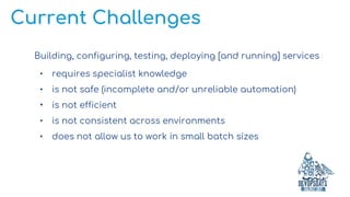 Current Challenges
Building, configuring, testing, deploying [and running] services
• requires specialist knowledge
• is not safe (incomplete and/or unreliable automation)
• is not efficient
• is not consistent across environments
• does not allow us to work in small batch sizes
 