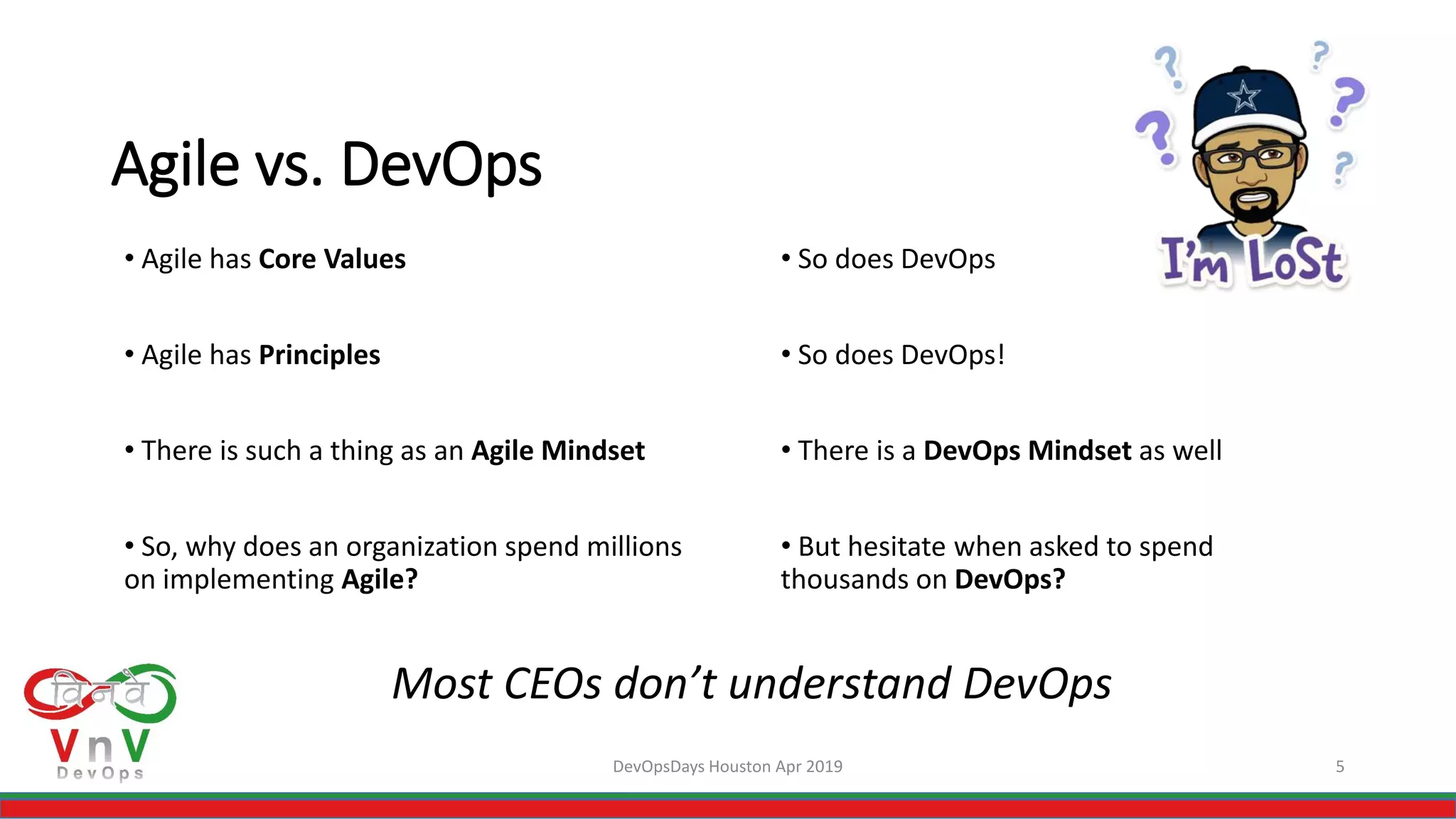 DevOpsDays Houston Apr 2019 5
Agile vs. DevOps
• So does DevOps
• So does DevOps!
• There is a DevOps Mindset as well
• But hesitate when asked to spend
thousands on DevOps?
• Agile has Core Values
• Agile has Principles
• There is such a thing as an Agile Mindset
• So, why does an organization spend millions
on implementing Agile?
Most CEOs don’t understand DevOps
 