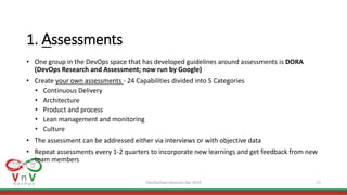 DevOpsDays Houston Apr 2019 11
1. Assessments
• One group in the DevOps space that has developed guidelines around assessments is DORA
(DevOps Research and Assessment; now run by Google)
• Create your own assessments - 24 Capabilities divided into 5 Categories
• Continuous Delivery
• Architecture
• Product and process
• Lean management and monitoring
• Culture
• The assessment can be addressed either via interviews or with objective data
• Repeat assessments every 1-2 quarters to incorporate new learnings and get feedback from new
team members
 