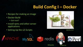 Build Config I – Docker
• Recipes for making an Image
• Docker Build
• Got root?
• Install rpms and other server
applications
• Setting Up the s2i Scripts SOCIAL.CUT
Wikipedia Jenkins.io
 