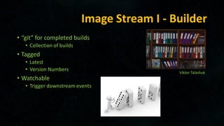 Image Stream I - Builder
• “git” for completed builds
• Collection of builds
• Tagged
• Latest
• Version Numbers
• Watchable
• Trigger downstream events
Viktor Talashuk
 
