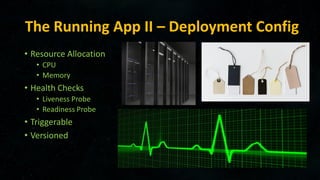 The Running App II – Deployment Config
• Resource Allocation
• CPU
• Memory
• Health Checks
• Liveness Probe
• Readiness Probe
• Triggerable
• Versioned
 