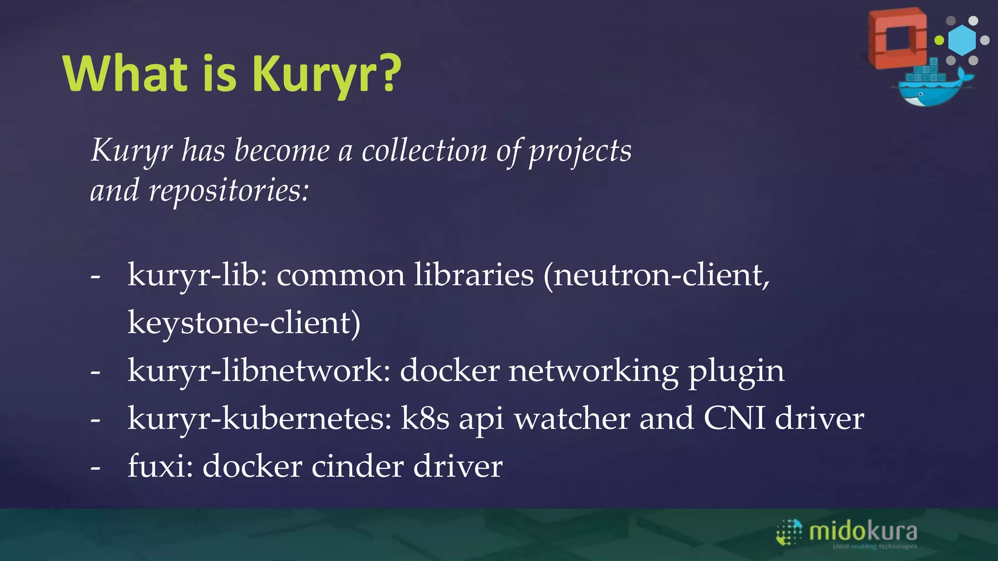 What is Kuryr?
Kuryr has become a collection of projects
and repositories:
- kuryr-lib: common libraries (neutron-client,
keystone-client)
- kuryr-libnetwork: docker networking plugin
- kuryr-kubernetes: k8s api watcher and CNI driver
- fuxi: docker cinder driver
 