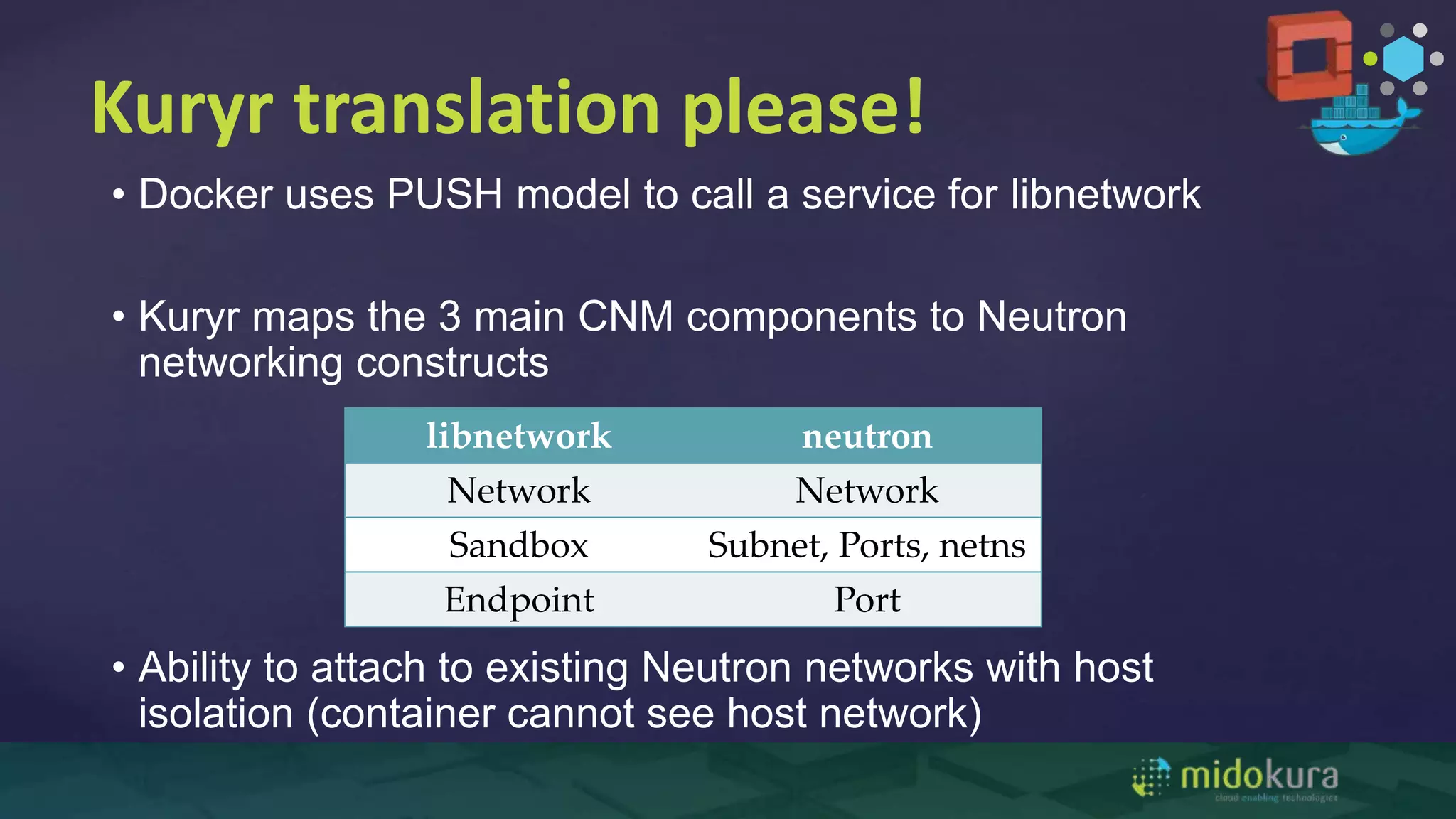 Kuryr translation please!
• Docker uses PUSH model to call a service for libnetwork
• Kuryr maps the 3 main CNM components to Neutron
networking constructs
• Ability to attach to existing Neutron networks with host
isolation (container cannot see host network)
libnetwork neutron
Network Network
Sandbox Subnet, Ports, netns
Endpoint Port
 