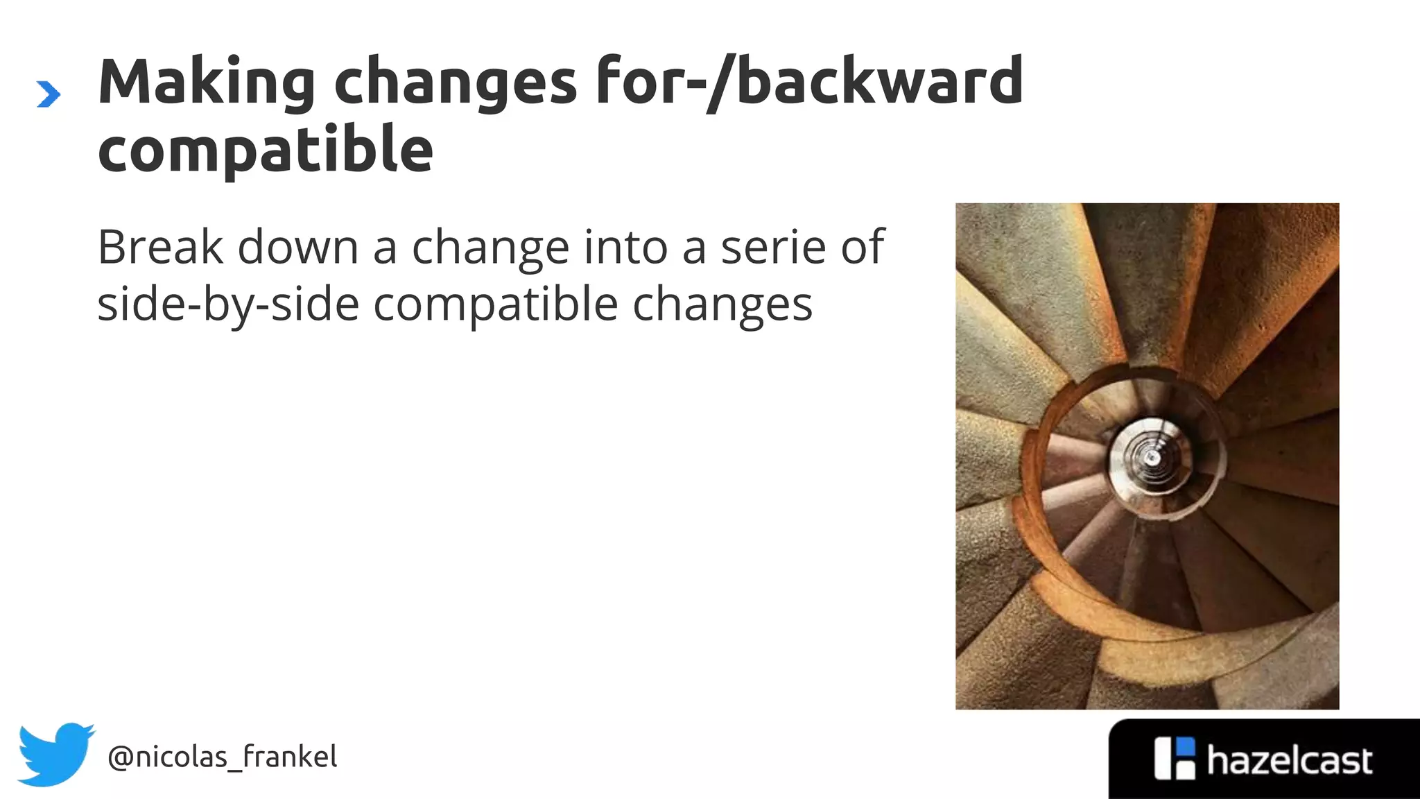 @nicolas_frankel
Break down a change into a serie of
side-by-side compatible changes
Making changes for-/backward
compatible
 