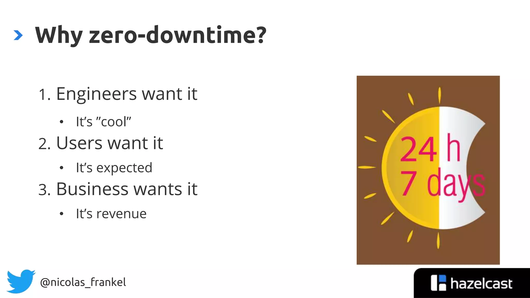 @nicolas_frankel
1. Engineers want it
• It’s ”cool”
2. Users want it
• It’s expected
3. Business wants it
• It’s revenue
Why zero-downtime?
 