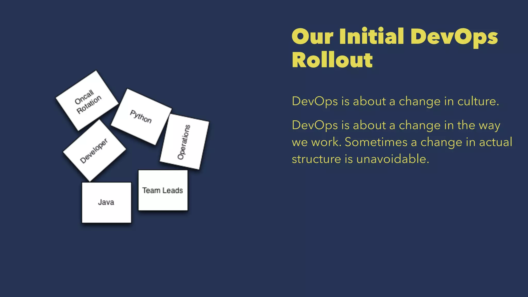 Our Initial DevOps
Rollout
DevOps is about a change in culture.
DevOps is about a change in the way
we work. Sometimes a change in actual
structure is unavoidable.
 
