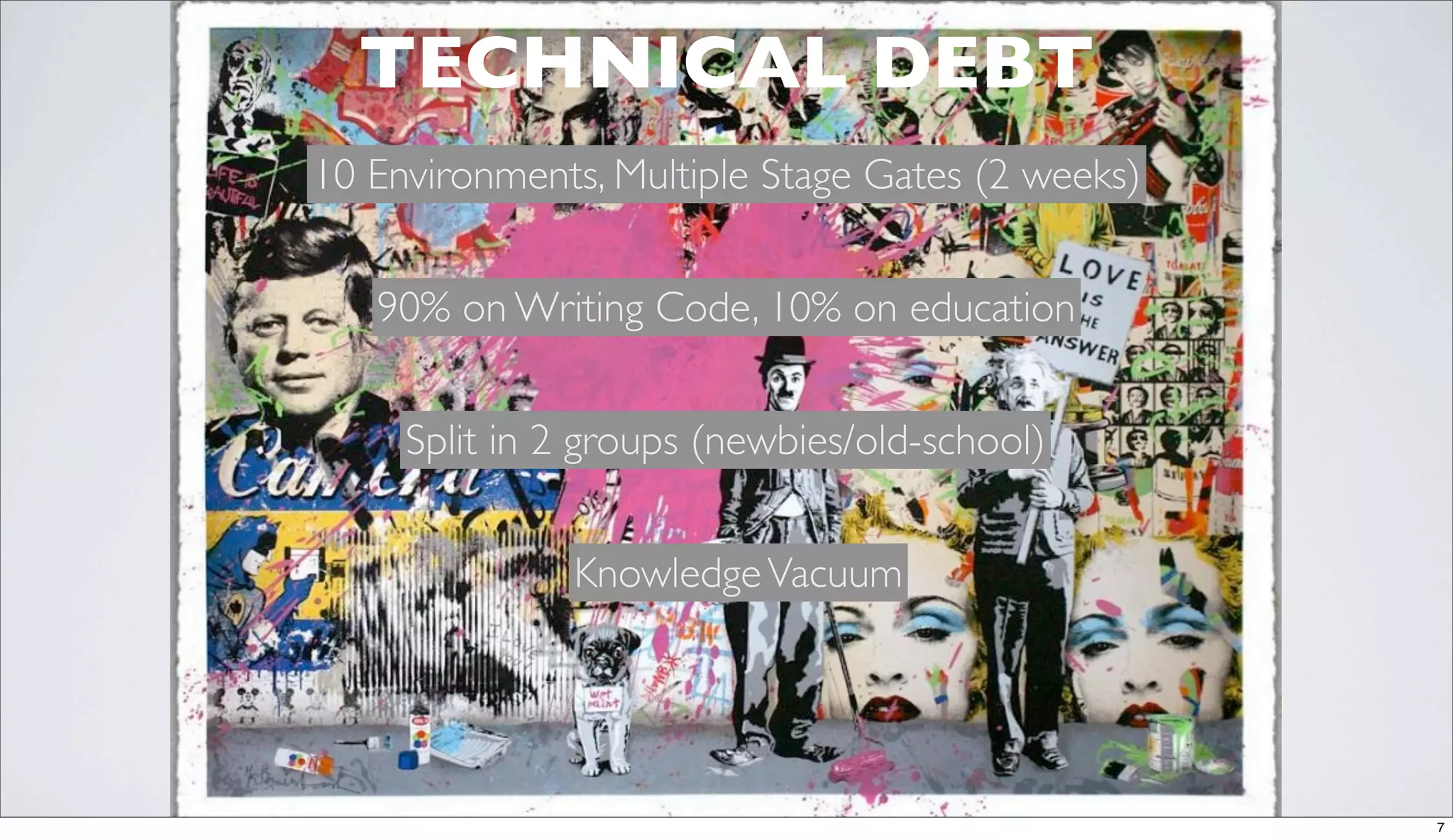 TECHNICAL DEBT
10 Environments, Multiple Stage Gates (2 weeks)
90% on Writing Code, 10% on education
Split in 2 groups (newbies/old-school)
Knowledge Vacuum
7