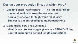 Design your production line, but which type?
1. Jobbing shop ( workcentre ) – The Phoenix Project
Has random flow across the workcentres
Normally reserved for high value machinery
Subject to uncontrolled queuing/bottlenecking
2. Continuous flow ( has velocity )
Identify key process stages/place in a STRAIGHT line.
Control queuing via defined length connections
 
