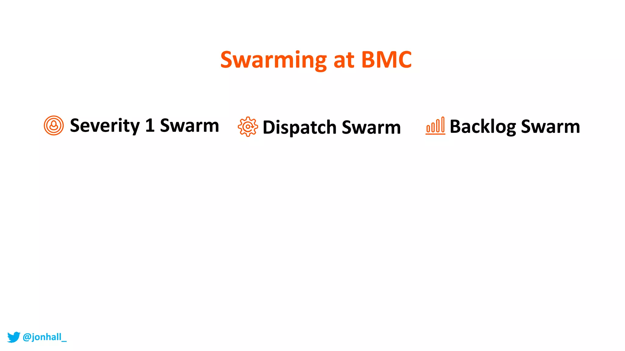 Swarming at BMC
Dispatch SwarmSeverity 1 Swarm Backlog Swarm
@jonhall_
 