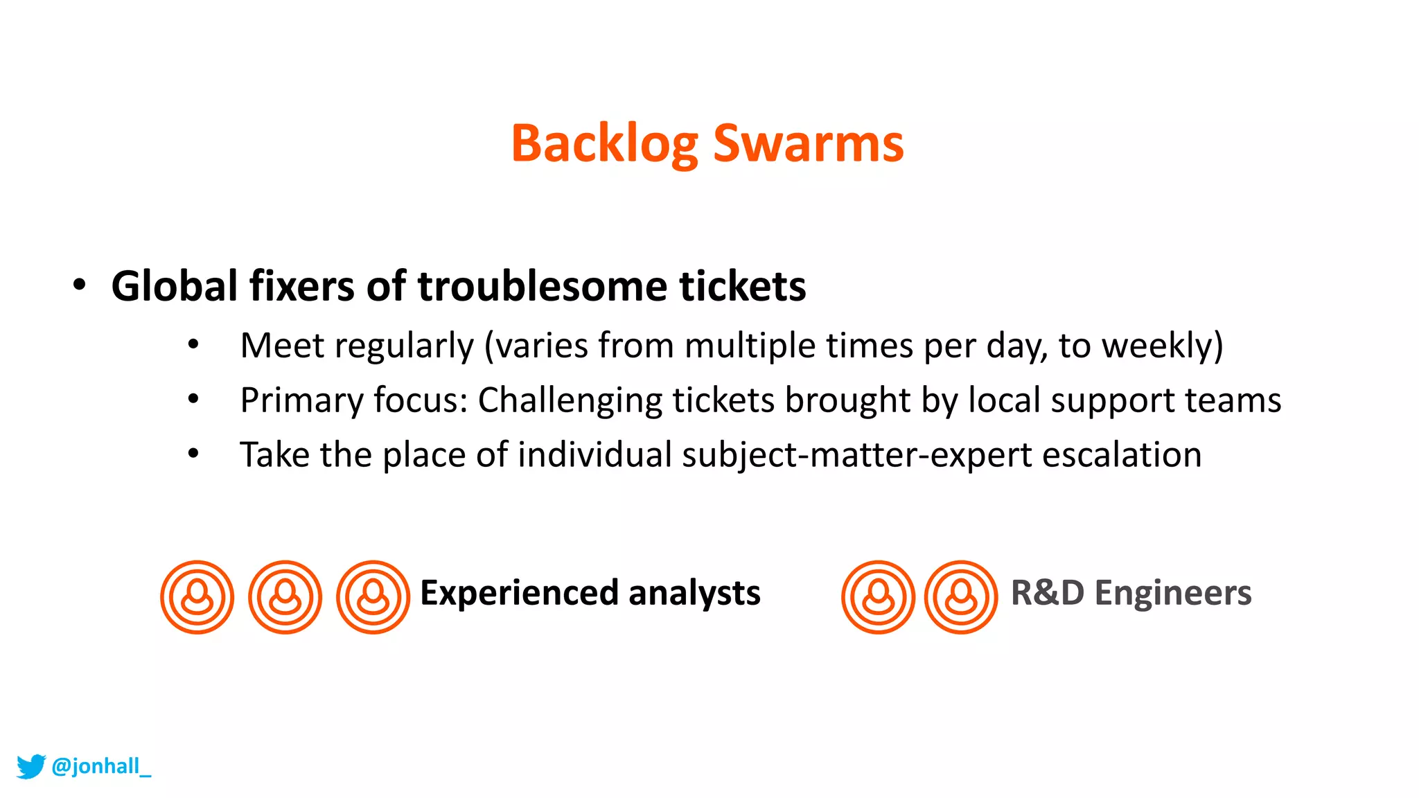 • Global fixers of troublesome tickets
• Meet regularly (varies from multiple times per day, to weekly)
• Primary focus: Challenging tickets brought by local support teams
• Take the place of individual subject-matter-expert escalation
Experienced analysts R&D Engineers
Backlog Swarms
@jonhall_
 