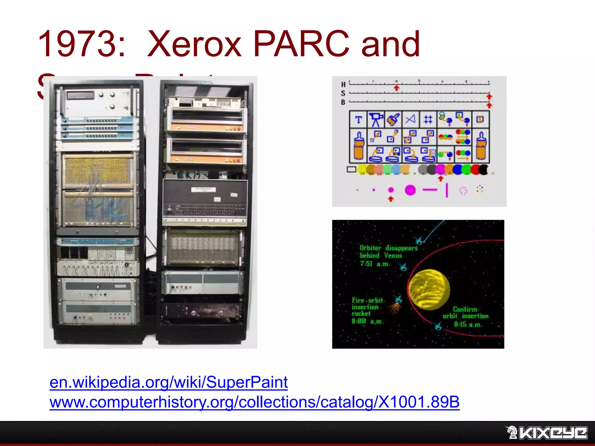 1973: Xerox PARC and
SuperPaint
en.wikipedia.org/wiki/SuperPaint
www.computerhistory.org/collections/catalog/X1001.89B
 