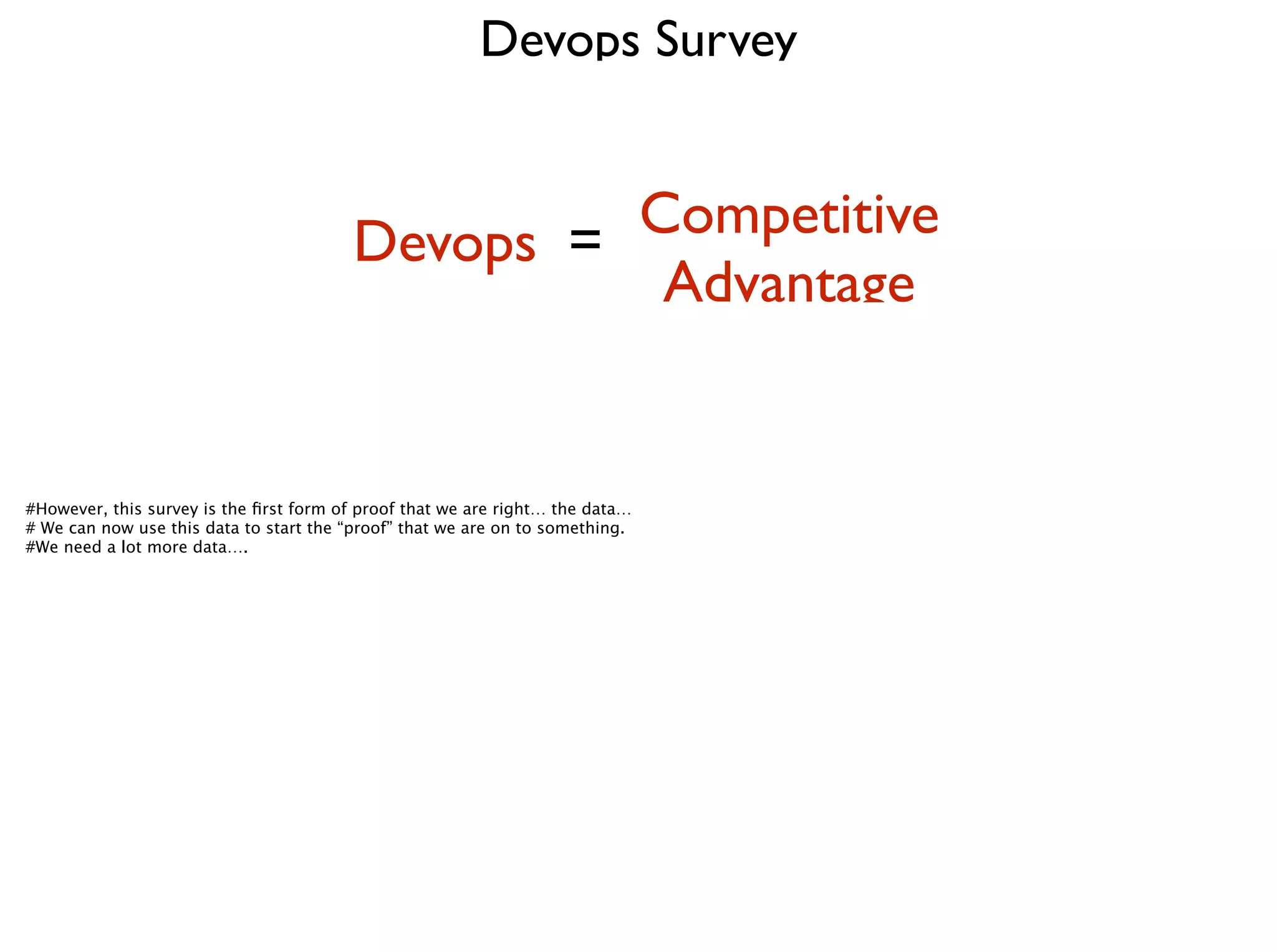 Devops Survey
Devops Competitive 	

Advantage
=
#However, this survey is the ﬁrst form of proof that we are right… the data…
# We can now use this data to start the “proof” that we are on to something. 
#We need a lot more data….
 