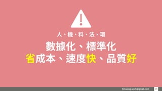 timwang.work@gmail.com 1515
數據化、標準化
省成本、速度快、品質好
人、機、料、法、環
 