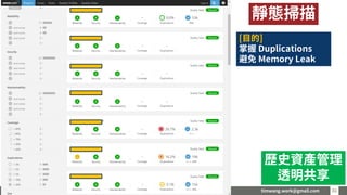 timwang.work@gmail.com 3131
靜態掃描
歷史資產管理
透明共享
[目的]
掌握 Duplications
避免 Memory Leak
 