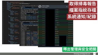 timwang.work@gmail.com 3535
取得掃毒報告
檔案指紋存檔
系統通知/紀錄
釋出管理與安全把關
 