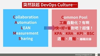 timwang.work@gmail.com 5252
Collaboration
Automation
LEAN
Measurement
Sharing
Common Pool
工廠自動化？有啊
快+好+省對吧？超懂！
KPA、KRA、KPI、BSC
週報、月報、離職交接
突然談起 DevOps Culture…
 
