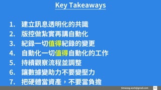 timwang.work@gmail.com 6262
Key Takeaways
1. 建立訊息透明化的共識
2. 版控做紮實再講自動化
3. 紀錄一切值得紀錄的變更
4. 自動化一切值得自動化的工作
5. 持續觀察流程並調整
6. 讓數據變助力不要變壓力
7. 把硬體當資產，不要當負擔
 