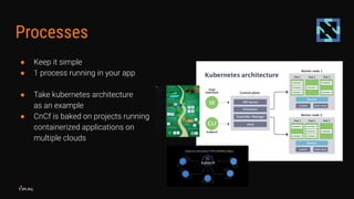 Processes
● Keep it simple
● 1 process running in your app
● Take kubernetes architecture
as an example
● CnCf is baked on...