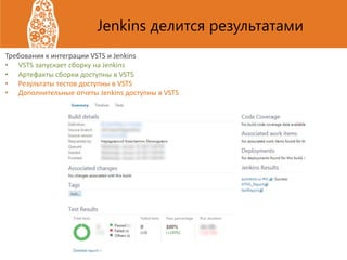 Jenkins делится результатами
Требования к интеграции VSTS и Jenkins
• VSTS запускает сборку на Jenkins
• Артефакты сборки доступны в VSTS
• Результаты тестов доступны в VSTS
• Дополнительные отчеты Jenkins доступны в VSTS
 
