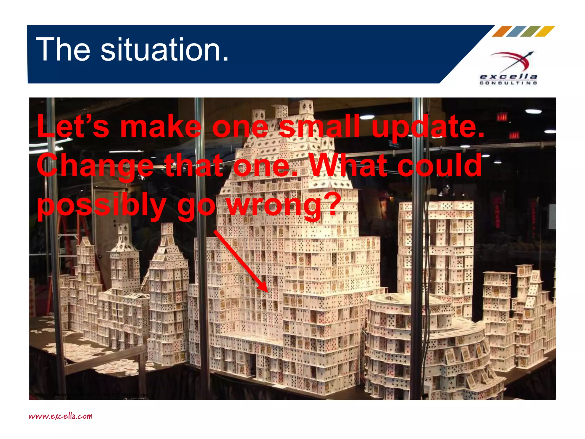 The situation.
Let’s make one small update.
Change that one. What could
possibly go wrong?
https://c2.staticflickr.com/2/1044/1348380154_7f8644effe_b.jpg
 