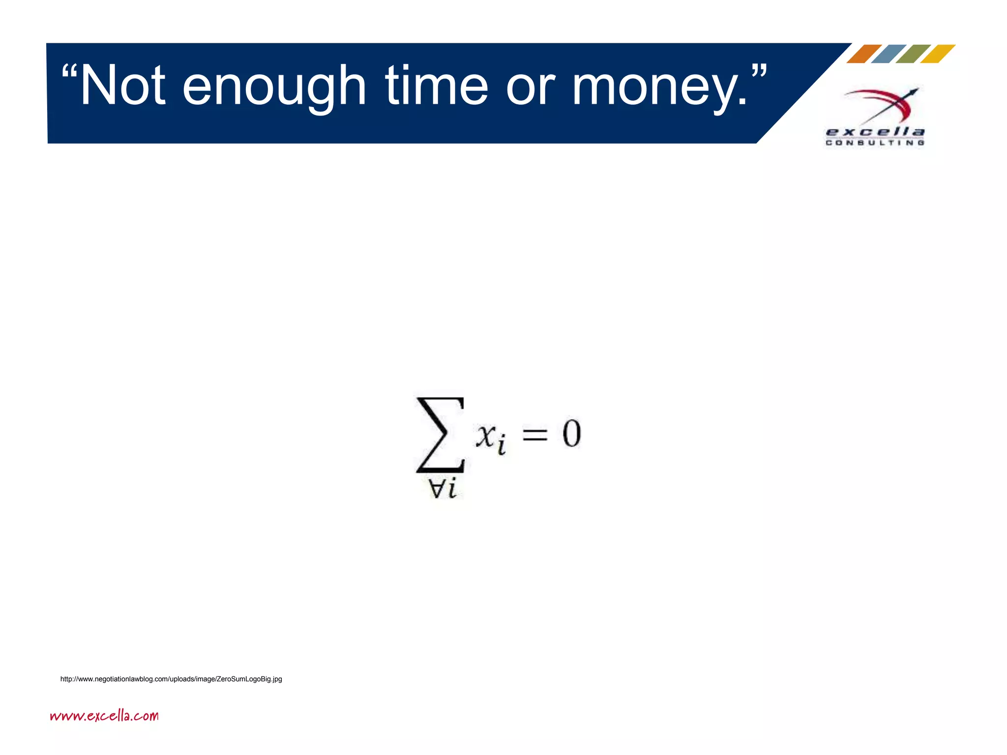 “Not enough time or money.”
http://www.negotiationlawblog.com/uploads/image/ZeroSumLogoBig.jpg
 