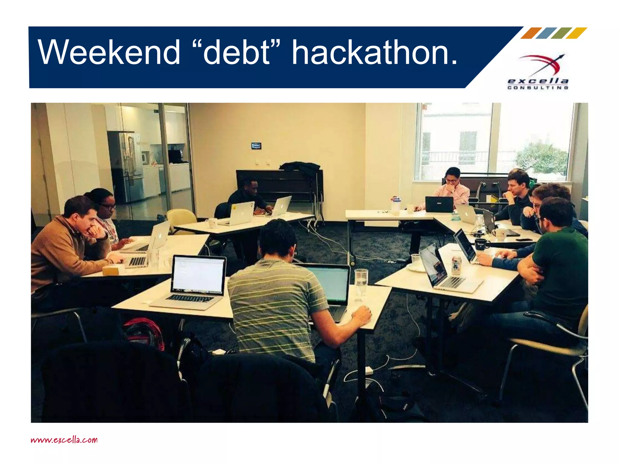 Weekend “debt” hackathon.
https://www.facebook.com/excellaconsulting/photos/a.456021701105167.104313.152410311466309/945529832154349/?type=1&theater
 
