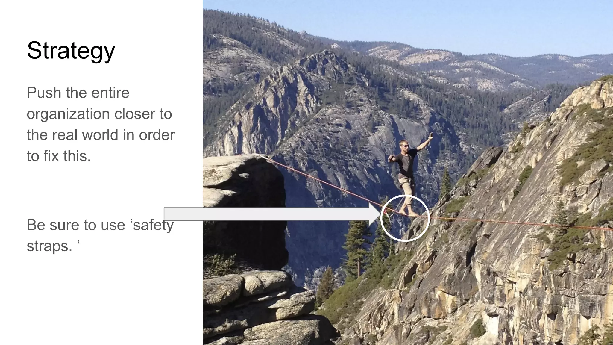 Strategy
Push the entire
organization closer to
the real world in order
to fix this.
Be sure to use ‘safety
straps. ‘
 