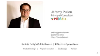 Jeremy Pullen
Principal Consultant
2
jeremy@polodis.com
@jeremypullen
https://polodis.com
Safe & Delightful Software | Effective Operations
Product Strategy | Program Execution | DevSecOps | Kanban
 