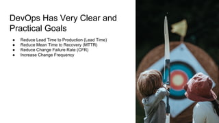 DevOps Has Very Clear and
Practical Goals
● Reduce Lead Time to Production (Lead Time)
● Reduce Mean Time to Recovery (MTTR)
● Reduce Change Failure Rate (CFR)
● Increase Change Frequency
 