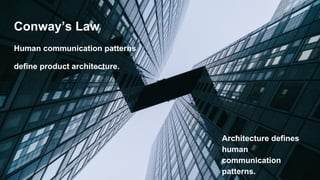 Conway’s Law
Human communication patterns
define product architecture.
Architecture defines
human
communication
patterns.
 